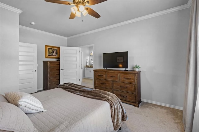 carpeted bedroom with crown molding and ceiling fan