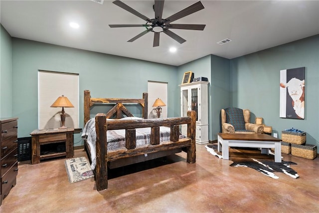 bedroom with visible vents, recessed lighting, concrete flooring, and a ceiling fan