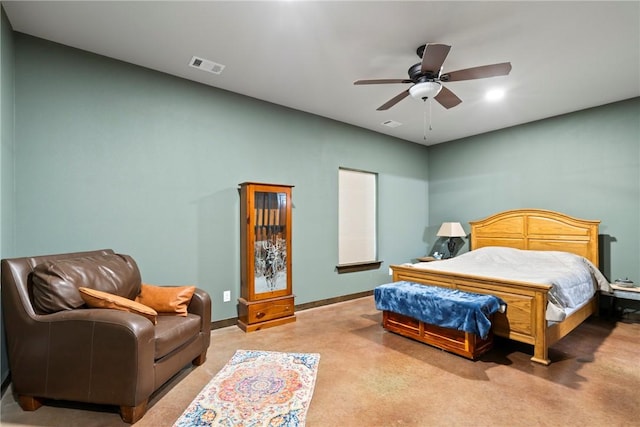 bedroom featuring visible vents, a ceiling fan, and baseboards