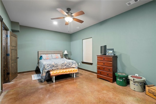 bedroom featuring visible vents, baseboards, and a ceiling fan