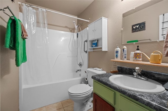 full bathroom with vanity, tile patterned floors, toilet, and shower / tub combo with curtain