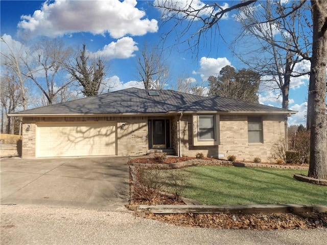 ranch-style house featuring a garage, driveway, brick siding, and a front lawn