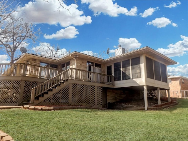 82 Baypoint Dr, Mountain Home, AR 72653 - back of house featuring a deck, a sunroom, a yard, a chimney, and stairway