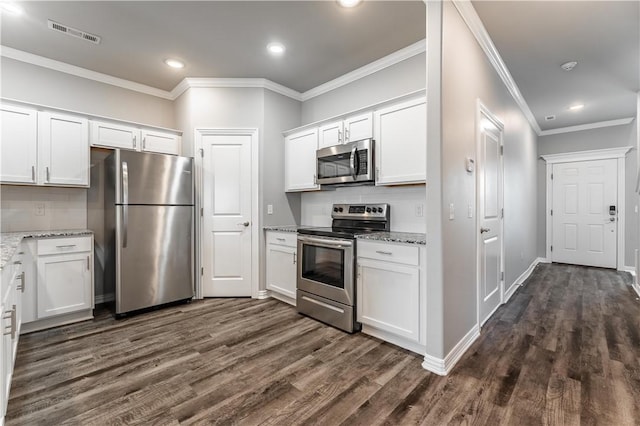 2643 S Kilimanjaro Way, Rogers, AR 72758 - kitchen with appliances with stainless steel finishes, dark wood-style floors, white cabinetry, backsplash, and ornamental molding