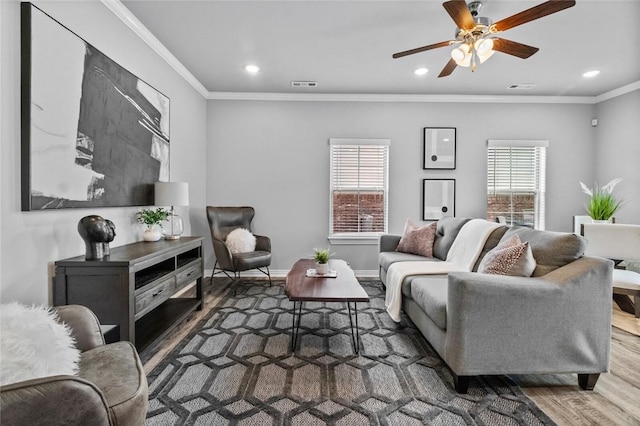 2643 S Kilimanjaro Way, Rogers, AR 72758 - living area featuring wood finished floors, a ceiling fan, crown molding, and recessed lighting