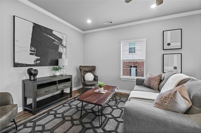 2643 S Kilimanjaro Way, Rogers, AR 72758 - living room featuring wood finished floors, crown molding, recessed lighting, and ceiling fan