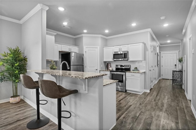 2643 S Kilimanjaro Way, Rogers, AR 72758 - kitchen with stainless steel appliances, a peninsula, light stone countertops, recessed lighting, and dark wood-style flooring