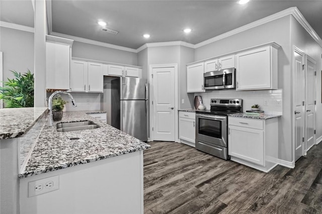 2643 S Kilimanjaro Way, Rogers, AR 72758 - kitchen featuring appliances with stainless steel finishes, dark wood-style flooring, a peninsula, white cabinets, and recessed lighting