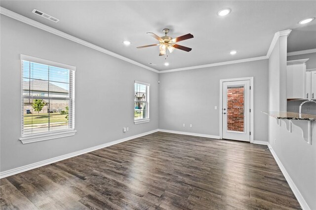 2649 W Everest Ave, Rogers, AR 72758 - unfurnished room with ornamental molding, a ceiling fan, recessed lighting, and dark wood-type flooring