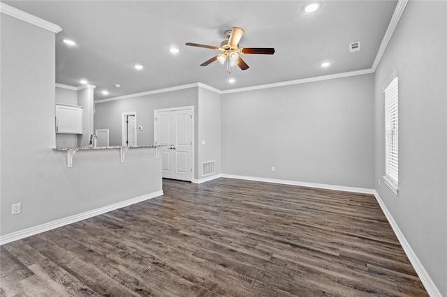 2649 W Everest Ave, Rogers, AR 72758 - unfurnished living room with a ceiling fan, recessed lighting, crown molding, and dark wood finished floors