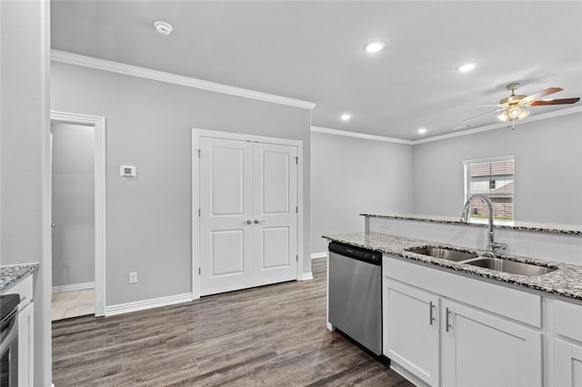 2649 W Everest Ave, Rogers, AR 72758 - kitchen featuring dishwasher, ornamental molding, ceiling fan, recessed lighting, and light stone countertops