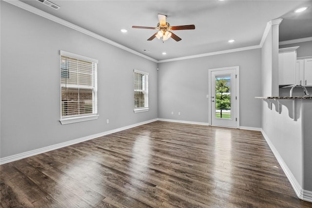 2633 S Kilimanjaro Way, Rogers, AR 72758 - unfurnished living room featuring crown molding, ceiling fan, recessed lighting, and dark wood finished floors