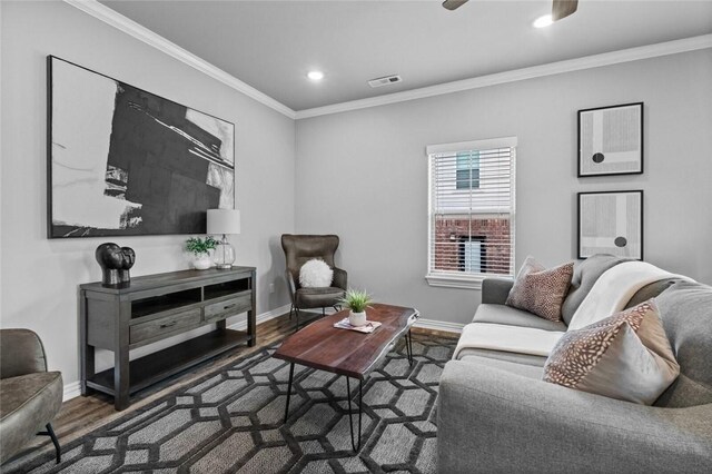 2633 S Kilimanjaro Way, Rogers, AR 72758 - living room featuring wood finished floors, crown molding, recessed lighting, and ceiling fan