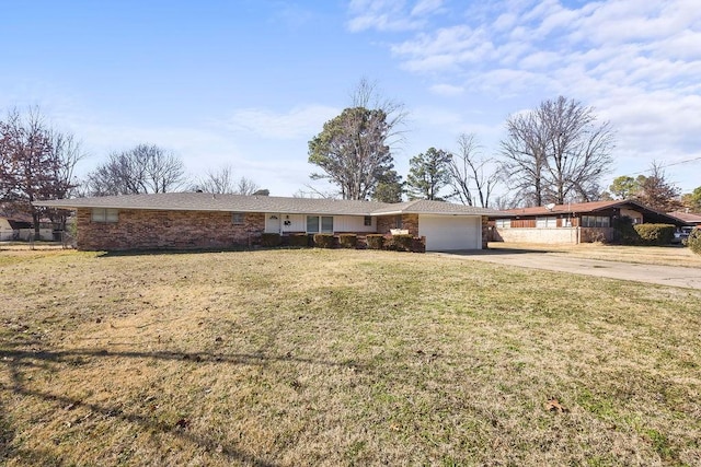 ranch-style home with driveway, a garage, a front yard, and brick siding
