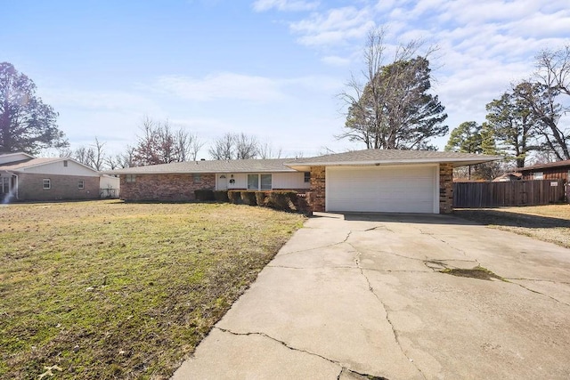 single story home with a garage, concrete driveway, and brick siding