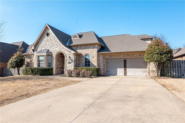 french provincial home with an attached garage, fence, brick siding, and stone siding