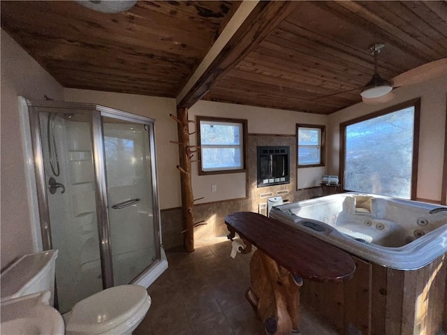 bathroom with lofted ceiling with beams, tile patterned flooring, toilet, wood ceiling, and a shower with door