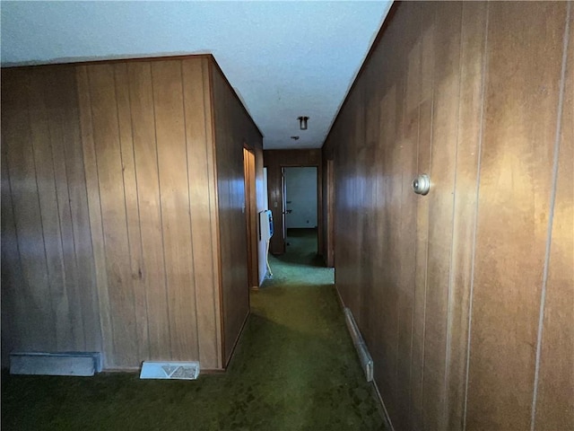 corridor with carpet floors and wooden walls