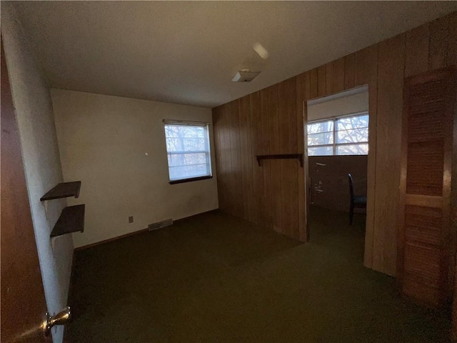 carpeted empty room with a wealth of natural light and wooden walls