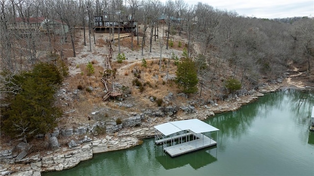 aerial view with a water view and a wooded view