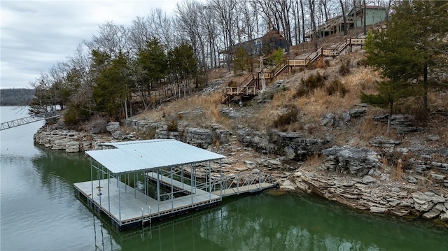 view of dock with a water view