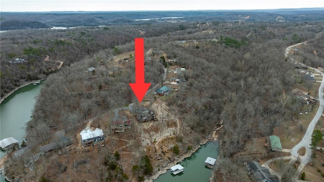 birds eye view of property with a water view and a forest view