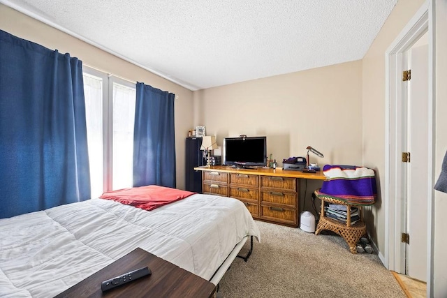 carpeted bedroom with a textured ceiling