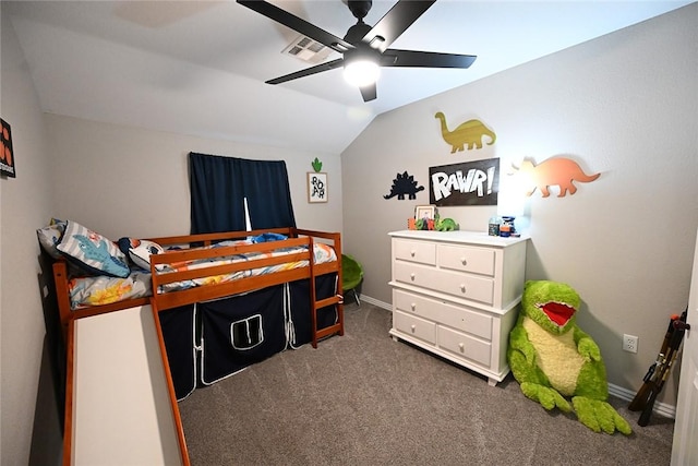 bedroom featuring lofted ceiling, dark colored carpet, and ceiling fan