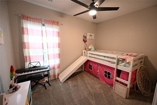 carpeted bedroom with ceiling fan