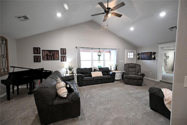 living room featuring ceiling fan, high vaulted ceiling, and carpet floors