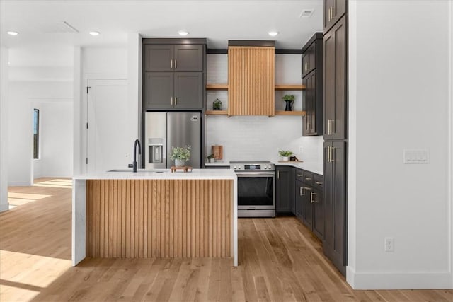 kitchen featuring light hardwood / wood-style flooring, sink, stainless steel appliances, an island with sink, and decorative backsplash