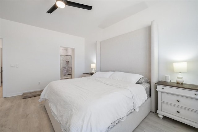 bedroom with ceiling fan and light hardwood / wood-style floors