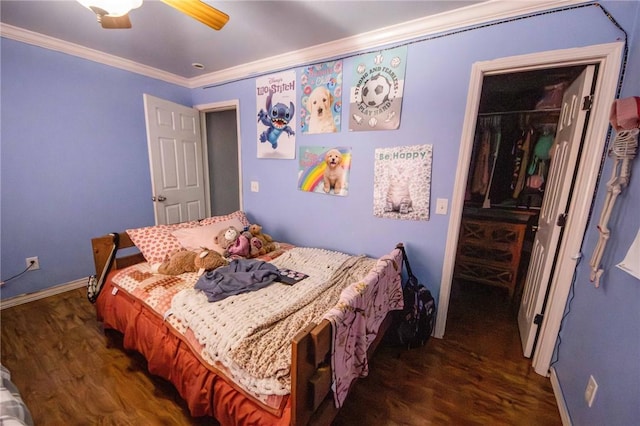 9998 Farm Rd Unit 2240, Washburn, MO 65772 - bedroom with baseboards, a ceiling fan, ornamental molding, and dark wood-style flooring