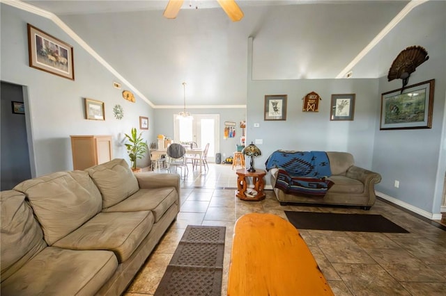 9998 Farm Rd Unit 2240, Washburn, MO 65772 - living room featuring lofted ceiling, ceiling fan with notable chandelier, baseboards, and ornamental molding