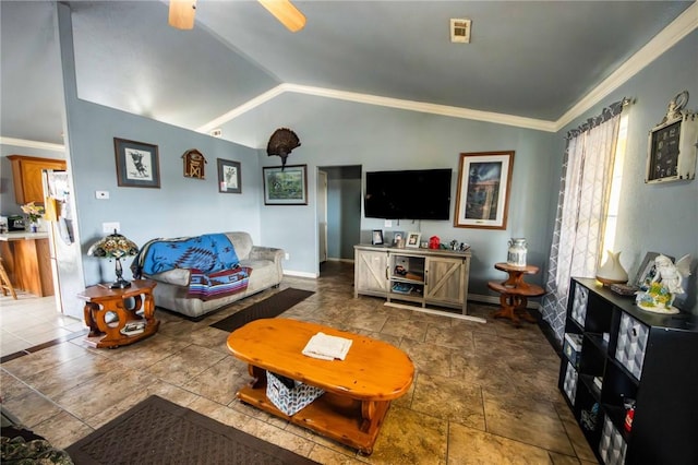 9998 Farm Rd Unit 2240, Washburn, MO 65772 - living area with baseboards, crown molding, a ceiling fan, and vaulted ceiling