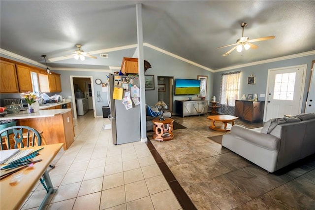 9998 Farm Rd Unit 2240, Washburn, MO 65772 - living area with light tile patterned floors, vaulted ceiling, a ceiling fan, and crown molding