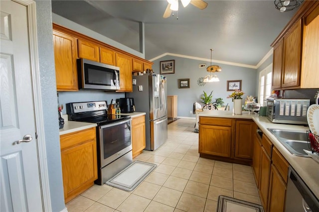 9998 Farm Rd Unit 2240, Washburn, MO 65772 - kitchen featuring lofted ceiling, a peninsula, light tile patterned flooring, a sink, and appliances with stainless steel finishes