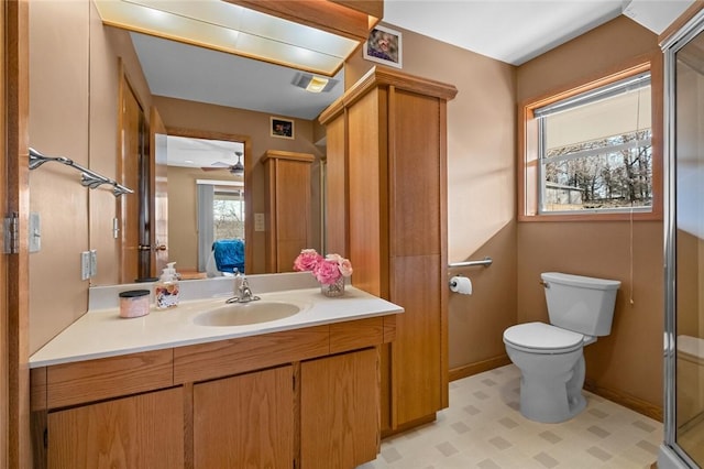 full bath with visible vents, toilet, a shower stall, vanity, and tile patterned floors