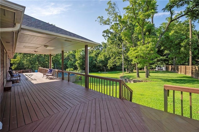 wooden terrace featuring a lawn