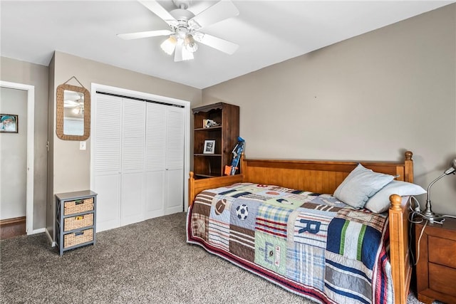 carpeted bedroom featuring a closet and a ceiling fan