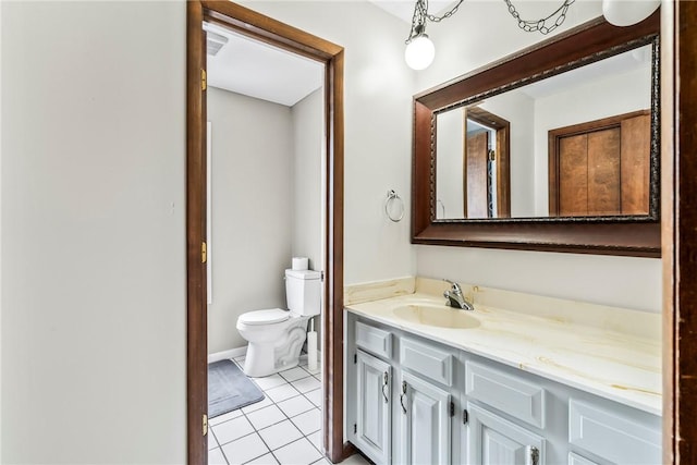 bathroom with toilet, visible vents, vanity, and tile patterned floors