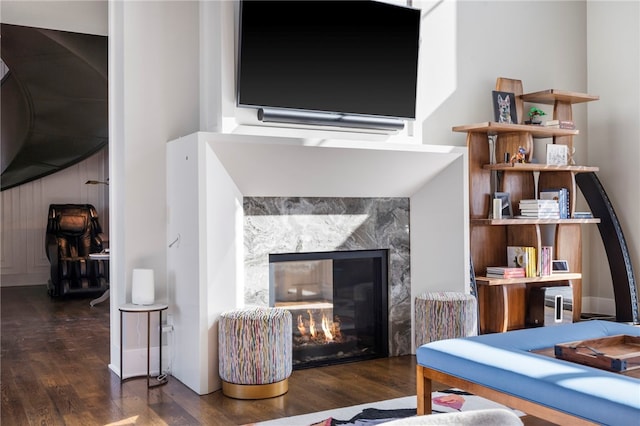 living room with a fireplace and dark hardwood / wood-style flooring