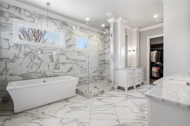 bathroom featuring vanity, shower with separate bathtub, and crown molding