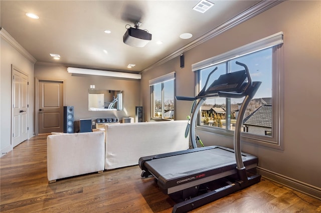 workout area featuring hardwood / wood-style flooring and ornamental molding