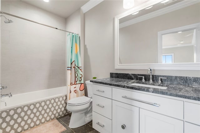 full bathroom featuring toilet, crown molding, vanity, and shower / tub combo