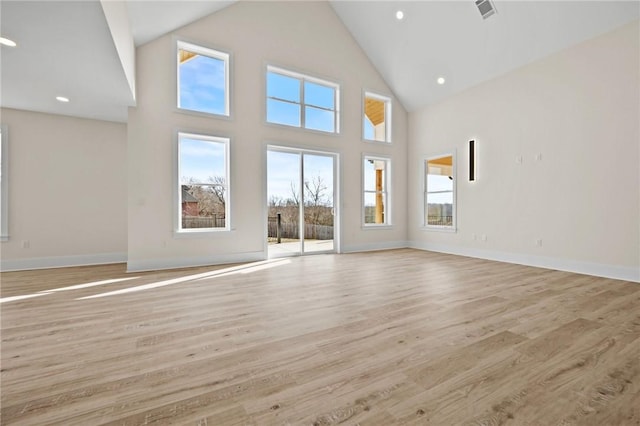 unfurnished living room featuring light wood-type flooring, plenty of natural light, high vaulted ceiling, and visible vents