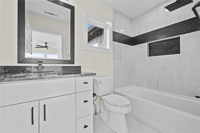 bathroom featuring visible vents, shower / bathing tub combination, vanity, and toilet