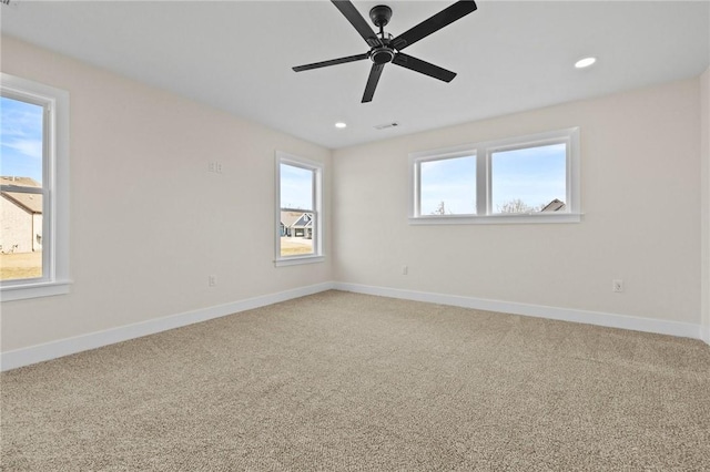 unfurnished room featuring a ceiling fan, carpet, baseboards, and recessed lighting