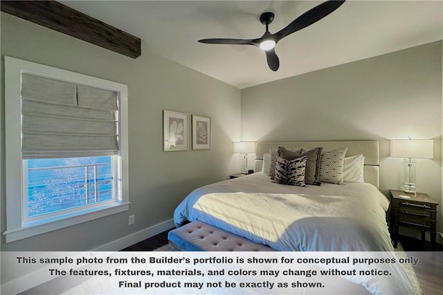 bedroom with ceiling fan and baseboards