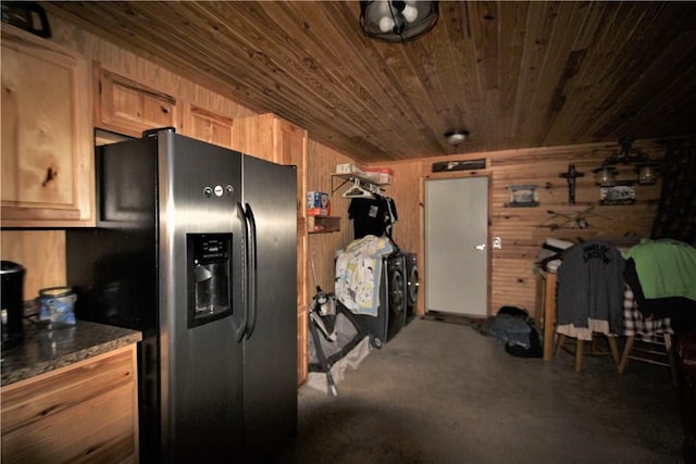 kitchen featuring stainless steel refrigerator with ice dispenser, wood ceiling, and wooden walls